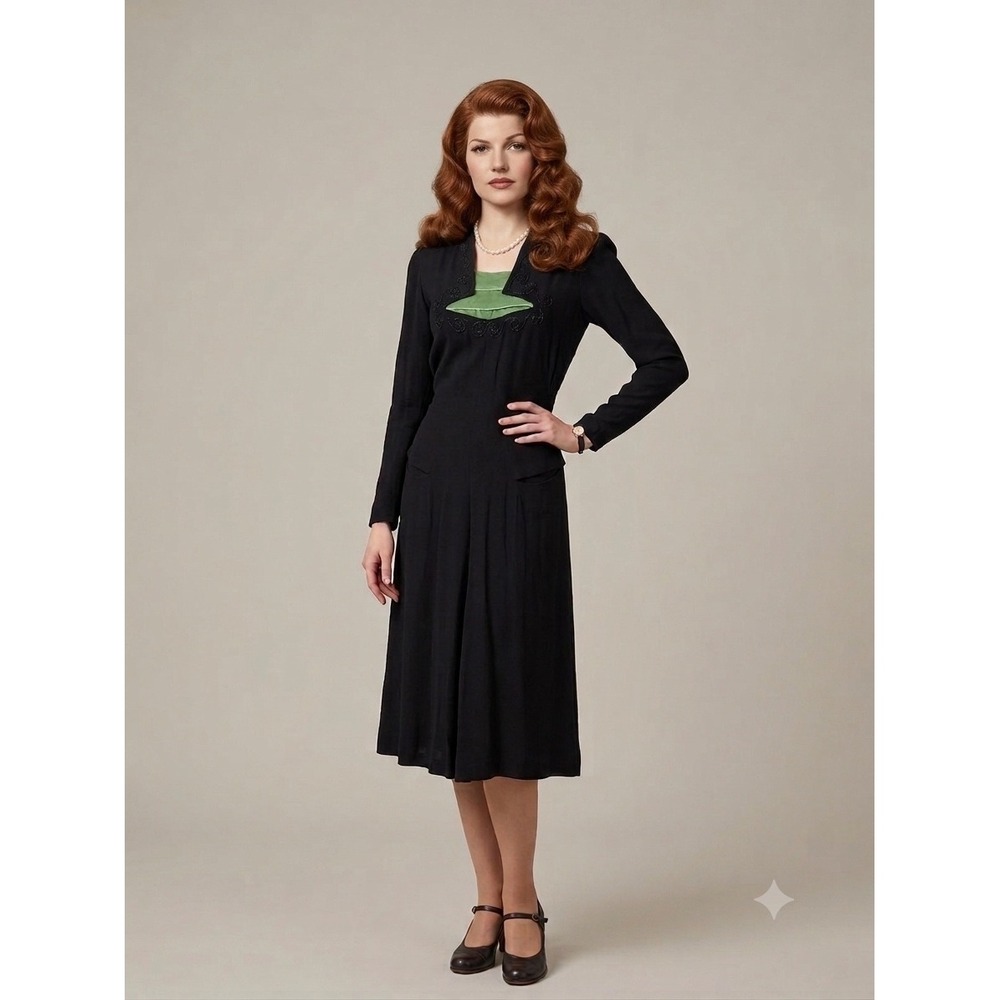 Vintage 1930s 1940s Dress Black Crepe with green velvet sequin detail‎ Size XS